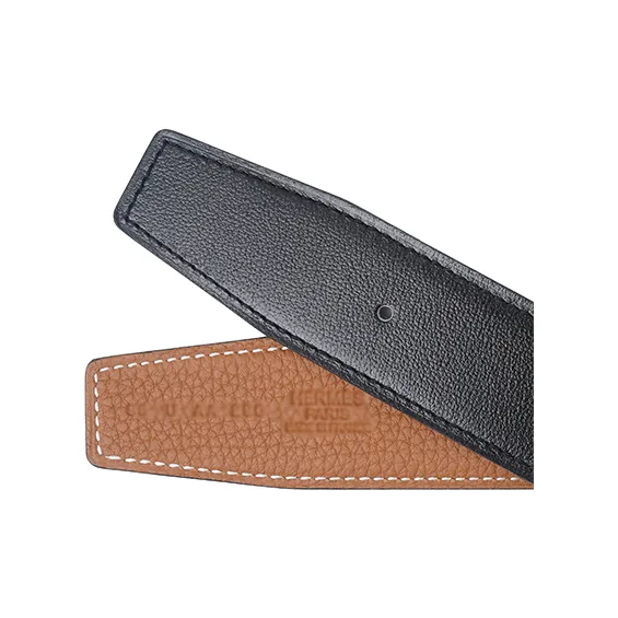 HERMES Togo Calfskin Leather Belts Men's Black/Gold Width 3.2cm-3
