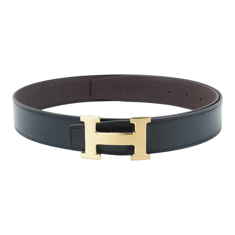 HERMES Togo Calfskin Double-Sided Leather Belts Unisex Black/Chocolate Width 3.2cm-0
