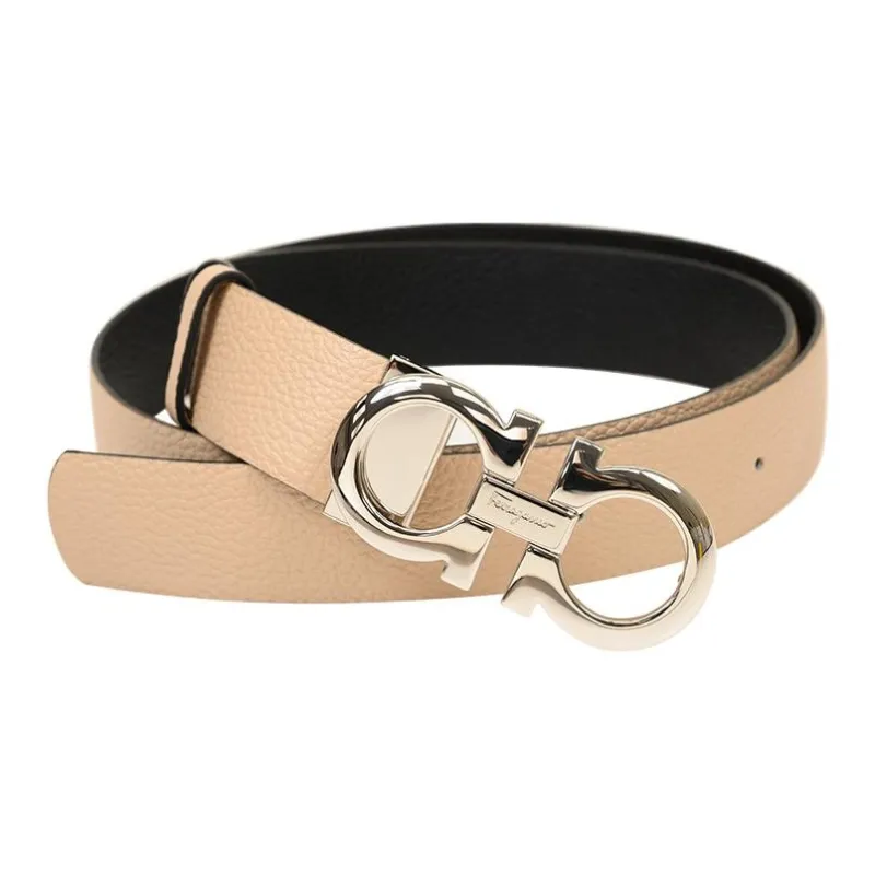 FERRAGAMO Logo Design Smooth Buckle Leather Belts Men's Beige Width 3.5CM-0