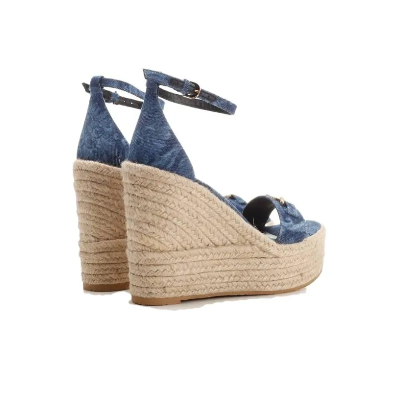 VERSACE Barocco Denim Wedge Sandals-4