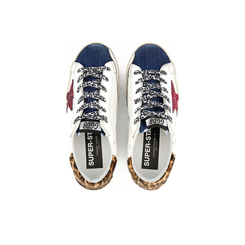 Golden Goose Super Star Low Top Casual Shoes Women's White Blue Leopard Print-3