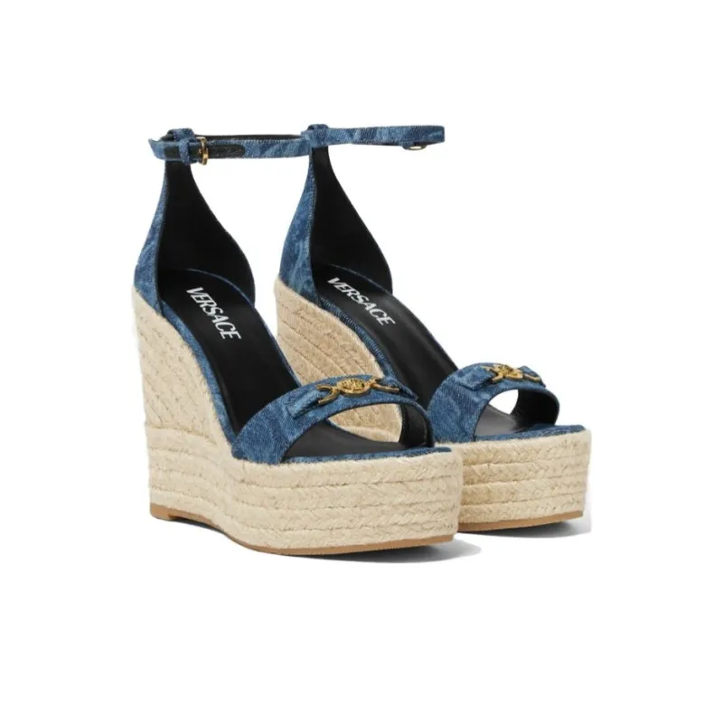 VERSACE Barocco Denim Wedge Sandals-2