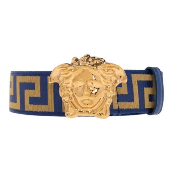 VERSACE Logo Design Smooth Buckle Leather Belts Men's Blue Width: 4CM