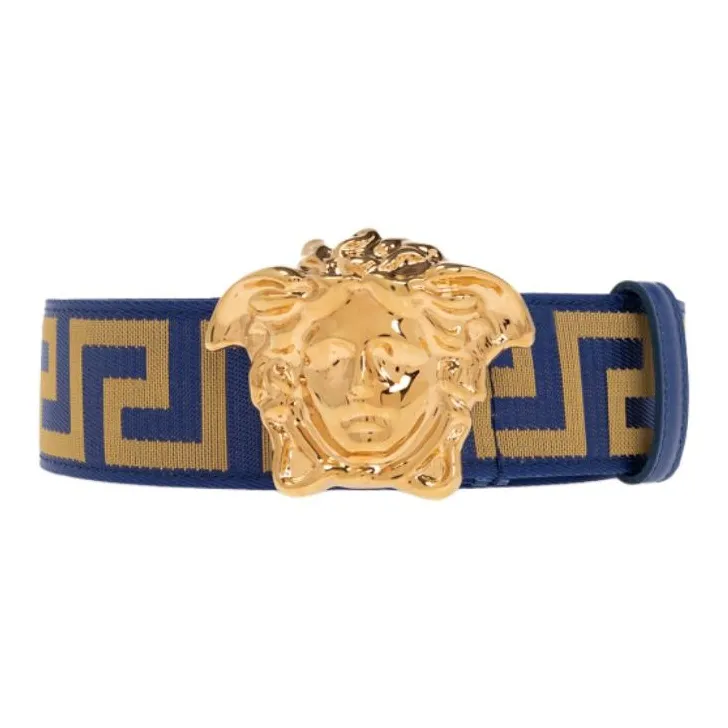 VERSACE Logo Design Smooth Buckle Leather Belts Men's Blue Width: 4CM-0