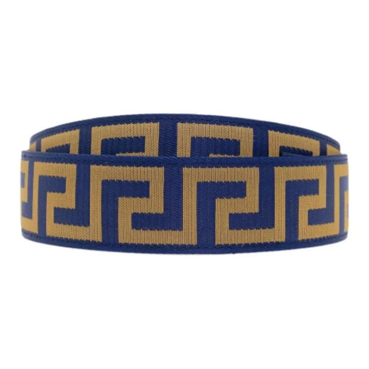 VERSACE Logo Design Smooth Buckle Leather Belts Men's Blue Width: 4CM-1