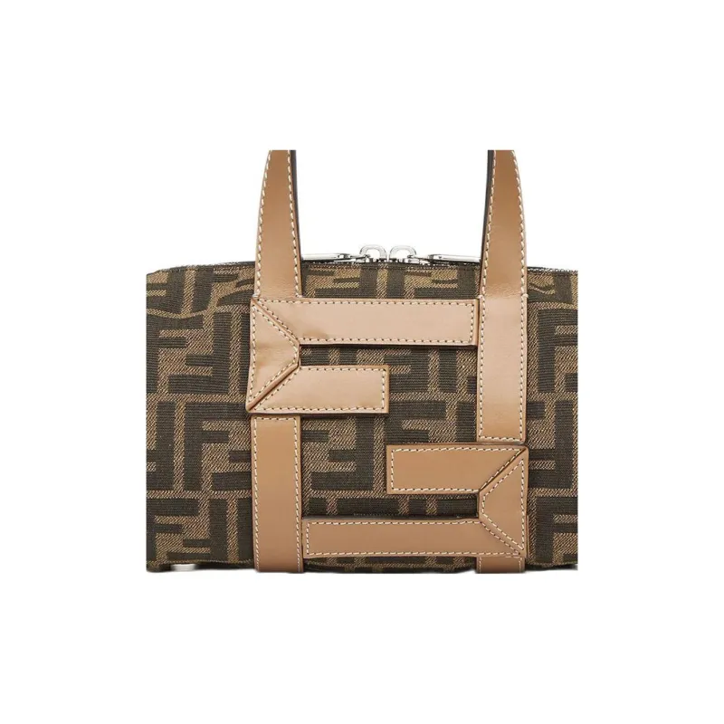 FENDI Cow Leather Patchwork With Fabric Bowling Bag Cylinder Bag Shoulder Bag Crossbody Bag Handbag Mini Men's Brown-3