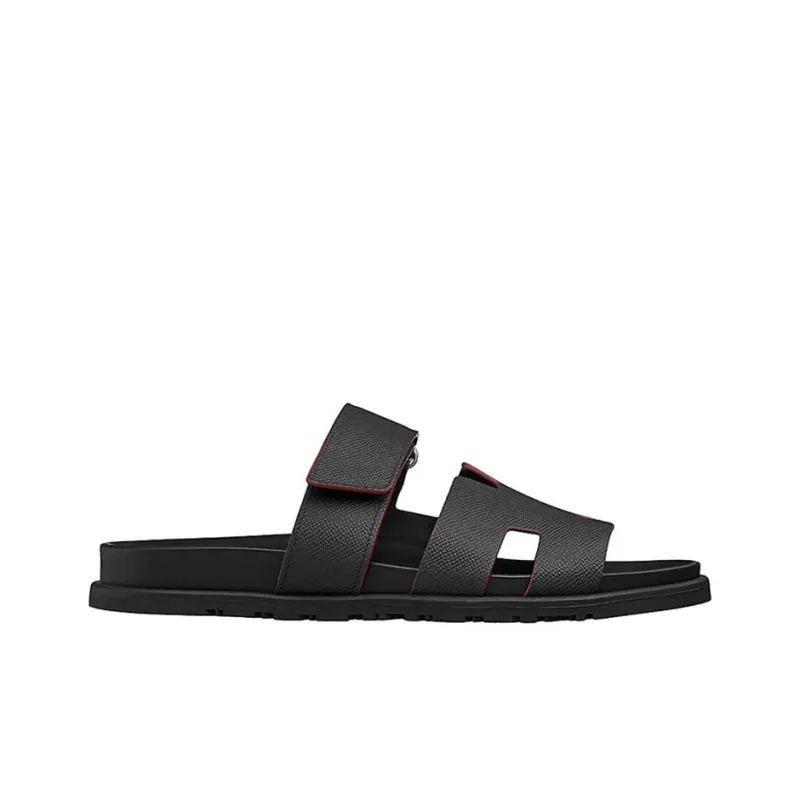 HERMES Chypre Slide Slippers Low Heel Men's Black-3