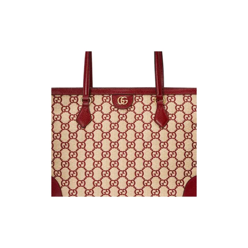 GUCCI Ophidia Denim With Leather Tote Bag Shopping Bag Handbag Shoulder Bag Medium Size Women's Burgundy/Beige Yellow-8