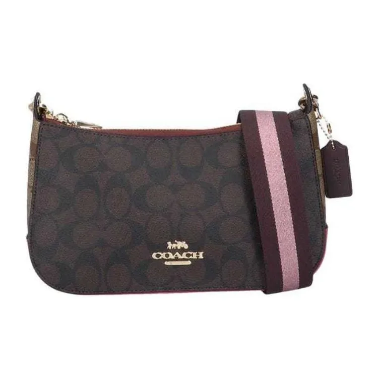 COACH Jes Canvas With Leather Shoulder Bag, Crossbody Bag Medium Size Women's Dark Brown & Bright Pink-4