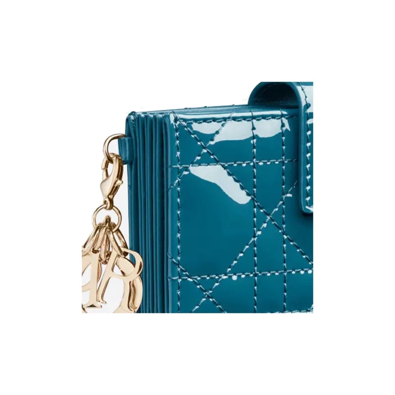 DIOR Lady Dior Cow Leather Coin Purse Card Clip Card Holder Women's Gray Blue-4