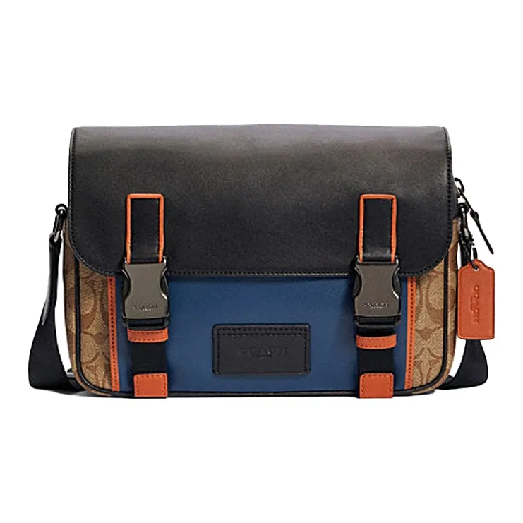 COACH Track Canvas With Calfskin Messenger Bag Shoulder Bag Crossbody Bag Small Size Men's Brown Blue Orange-0