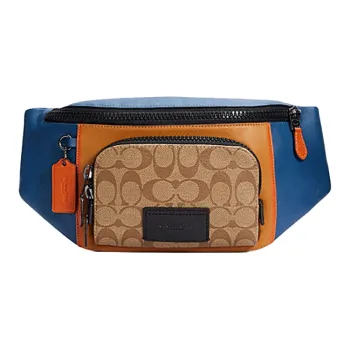 COACH Track Canvas Leather One Shoulder Crossbody Bag, Sling Bag, Fanny Pack Men's Brown Orange Blue