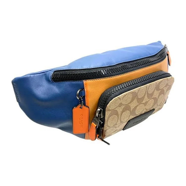 COACH Track Canvas Leather One Shoulder Crossbody Bag, Sling Bag, Fanny Pack Men's Brown Orange Blue-4