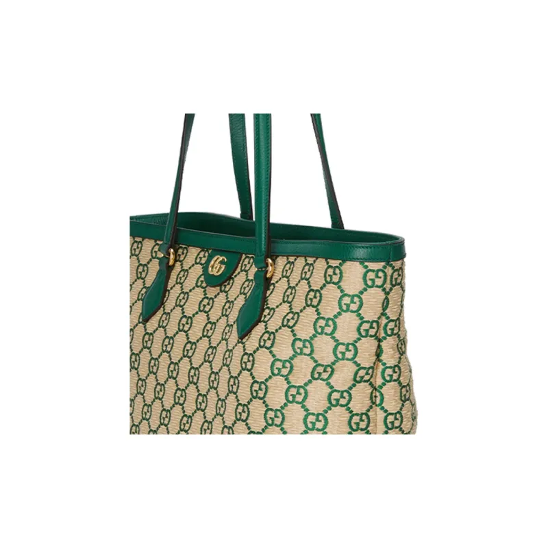 GUCCI Ophidia Straw Woven With Leather One Shoulder Handbags Women's Emerald Green/Apricot Cream-6