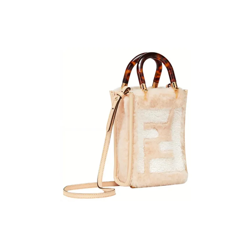 FENDI Sunshine Sheepskin Sunlight Bag Tote Bag Shopping Bag Handbag Shoulder Bag Crossbody Bag Mini Women's White/Pink-1