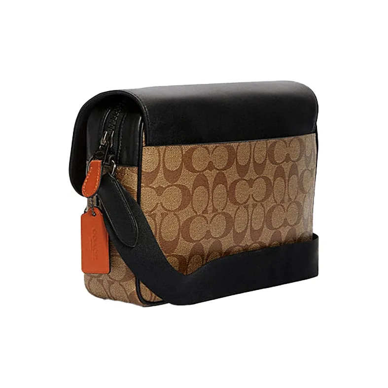 COACH Track Canvas With Calfskin Messenger Bag Shoulder Bag Crossbody Bag Small Size Men's Brown Blue Orange-1