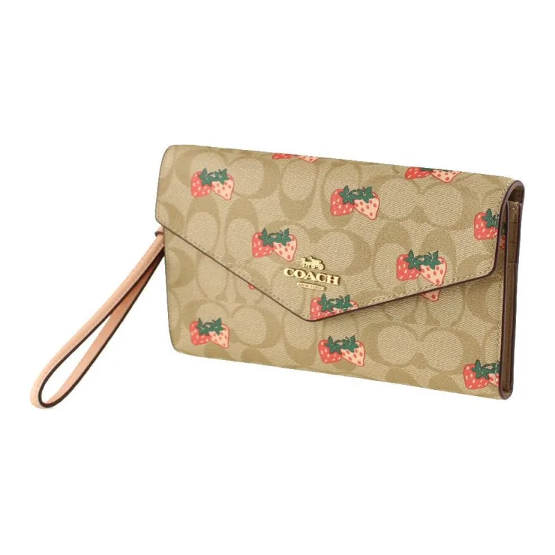 COACH Envelope Leather Envelope Bag Clutch Wallet Trumpets Women's Khaki-1