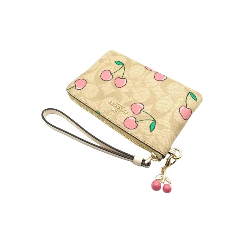COACH Heart Artificial Leather Wrist Bags Clutches Small Size Women's Khaki-3