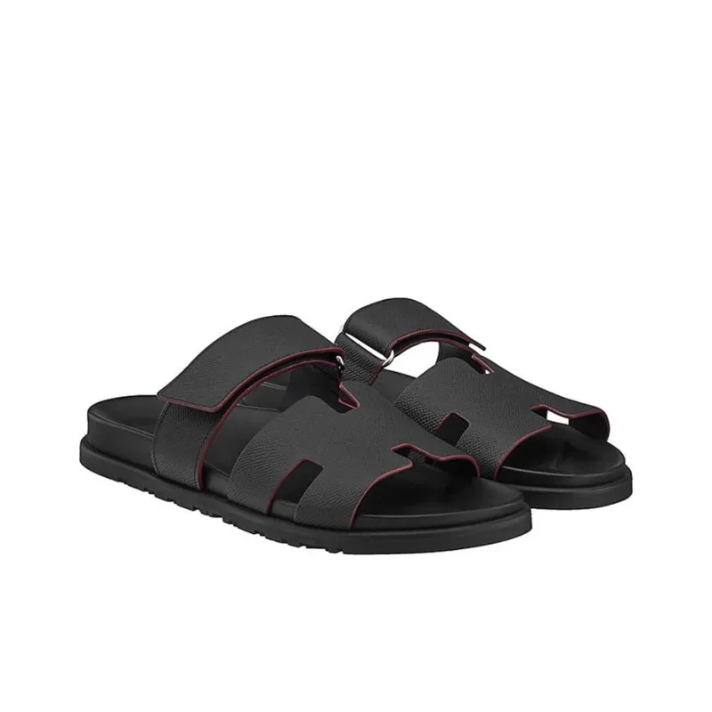 HERMES Chypre Slide Slippers Low Heel Men's Black-1