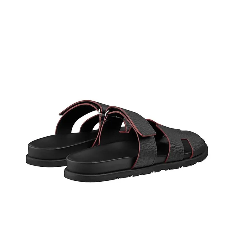 HERMES Chypre Slide Slippers Low Heel Men's Black-4