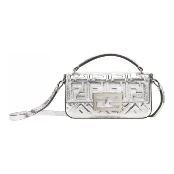 FENDI Baguette Lambskin One Shoulder Crossbody Cell Phone Pouch Women's Silver