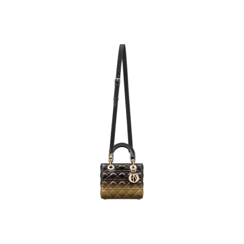 DIOR Lady Dior Lambskin Lady Dior Bag, Portable Crossbody Bag, Shoulder Bag Small Size Women's Black & Gold-1