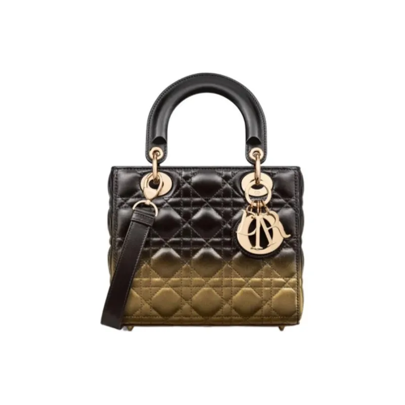 DIOR Lady Dior Lambskin Lady Dior Bag, Portable Crossbody Bag, Shoulder Bag Small Size Women's Black & Gold-0