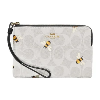 COACH Corner Zip Coated Canvas With Smooth Leather Cell Phone Pouch Wrist Bag Regular Women's White