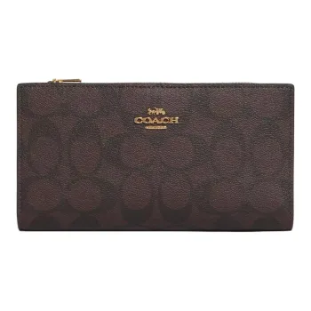 COACH Slim Wallet Canvas With Leather Clutch Wallet Trumpets Women's Dark Brown