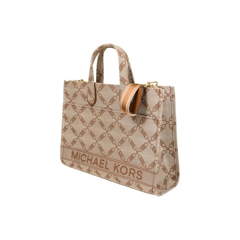 MICHAEL KORS Fabric Crossbody Tote Handbag Large Size Women's Ecru & Leather Brown-2