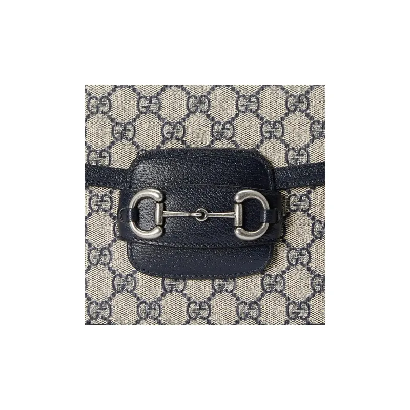 GUCCI Horsebit 1955 Canvas With Leather Trim Handbag, Shoulder Bag, Crossbody Bag Trumpets Unisex Blue/Beige-7