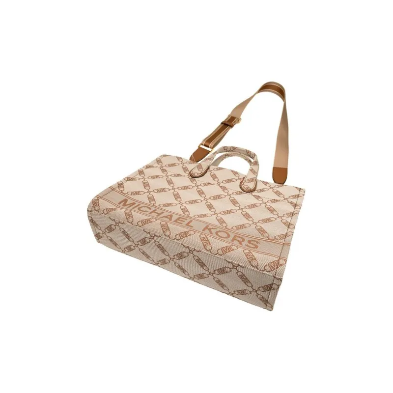 MICHAEL KORS Fabric Crossbody Tote Handbag Large Size Women's Ecru & Leather Brown-3