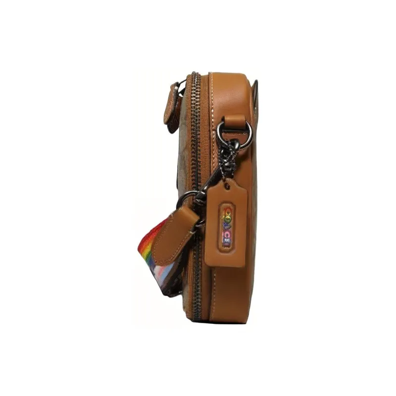 COACH Stanton Leather Cell Phone Pouch, Shoulder Bag, Crossbody Bag Men's Khaki & Brown-1