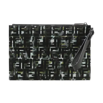 FENDI Fabric With Leather Wristlet Bag Clutch Men's Green/Black/Camouflage
