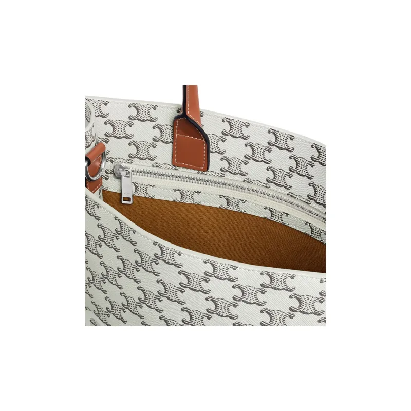CELINE Cabas Fabric Cow Leather Patchwork Shoulder Bag Crossbody Bag Handbag Medium Size Men's Tan/Light Brown-3