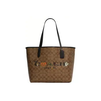 COACH City Canvas With Leather Tote Bag, Shopping Bag, Handbag, Shoulder Bag Women's Brown & Black Shoulder Strap