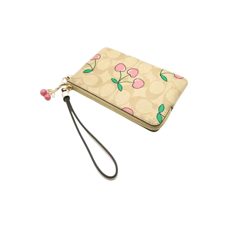 COACH Heart Artificial Leather Wrist Bags Clutches Small Size Women's Khaki-2