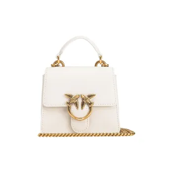 PINKO Soft Silky Leather Handbag, Shoulder Bag Women's White & Antique Gold