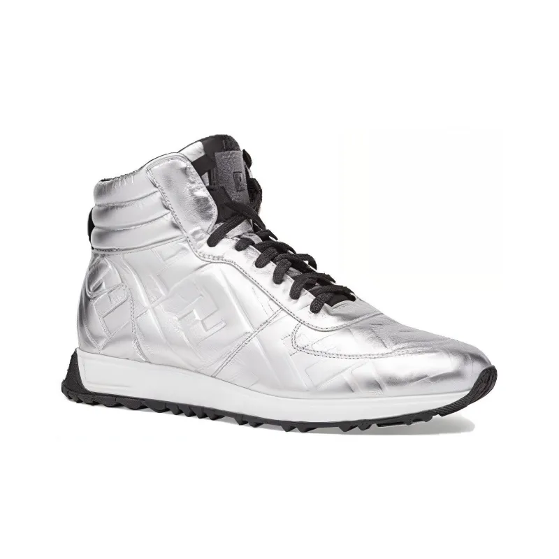 FENDI Prints On Anti Slip Wear Resistant High Top Casual Shoes Men's Silver-2