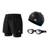 Mock Two-Piece Swimming Shorts+Swim Goggles+Swimming Cap