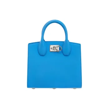 FERRAGAMO Studio Hammered Texture Calfskin Box Bag, Shoulder Bag, Crossbody Bag, Handbag Small Size Women's Light Blue