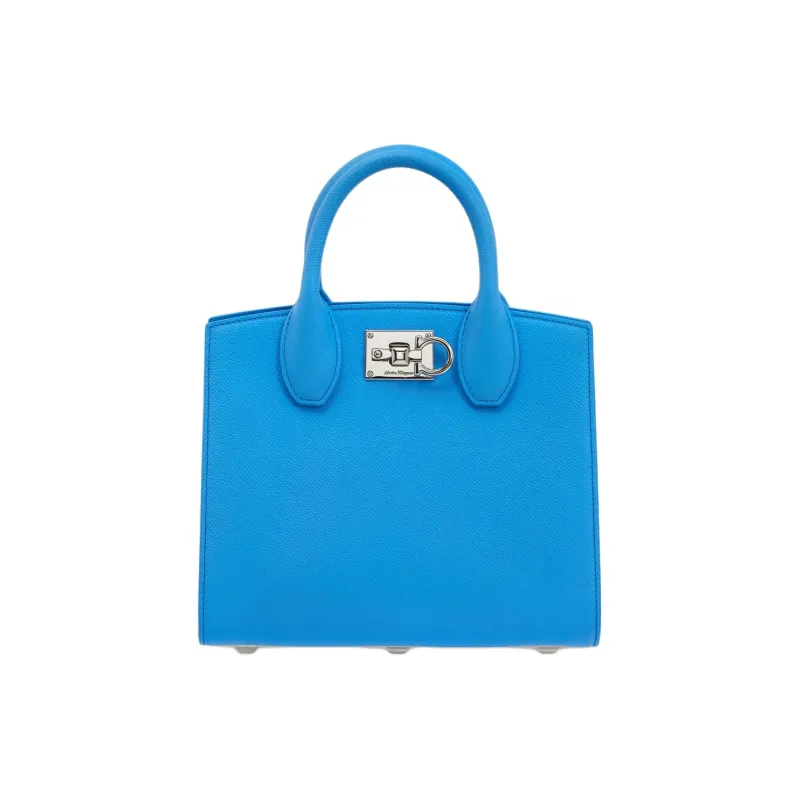 FERRAGAMO Studio Hammered Texture Calfskin Box Bag, Shoulder Bag, Crossbody Bag, Handbag Small Size Women's Light Blue-0