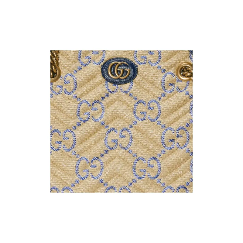 GUCCI Marmont Raffia Grass Patchwork Quilted Leather With Stripes Handbag Shoulder Bag Women's Beige & Blue-7