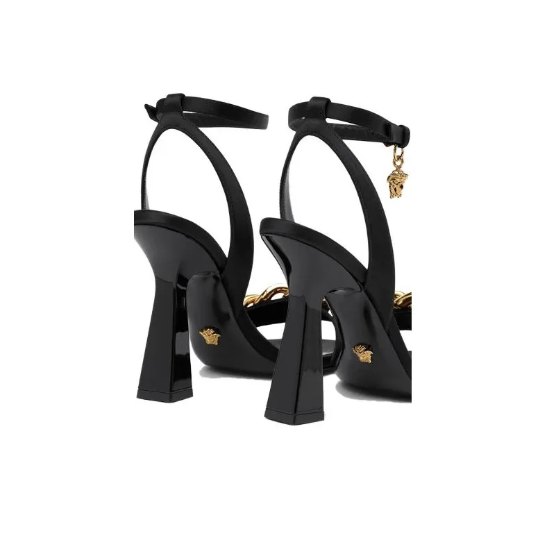 VERSACE Medusa 110mm Chain High Heeled Sandals Black Satin Women's-4