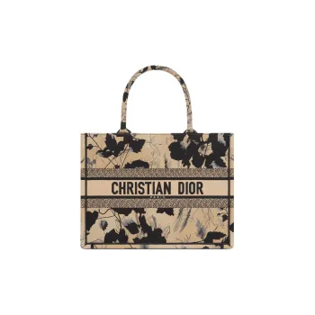 DIOR BookTote Fleurs Mystiques Embroidery Tote Bag Shopping Bag Handbag Medium Size Women's Beige & Black