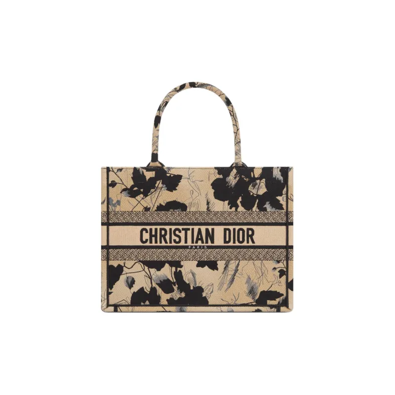 DIOR BookTote Fleurs Mystiques Embroidery Tote Bag Shopping Bag Handbag Medium Size Women's Beige & Black-0