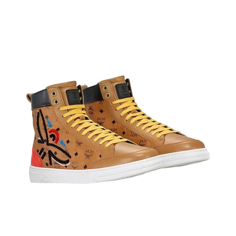 MCM Terrain Visetos Geo Mid Top Stylish Skateboarding Shoes Men's Cognac-1