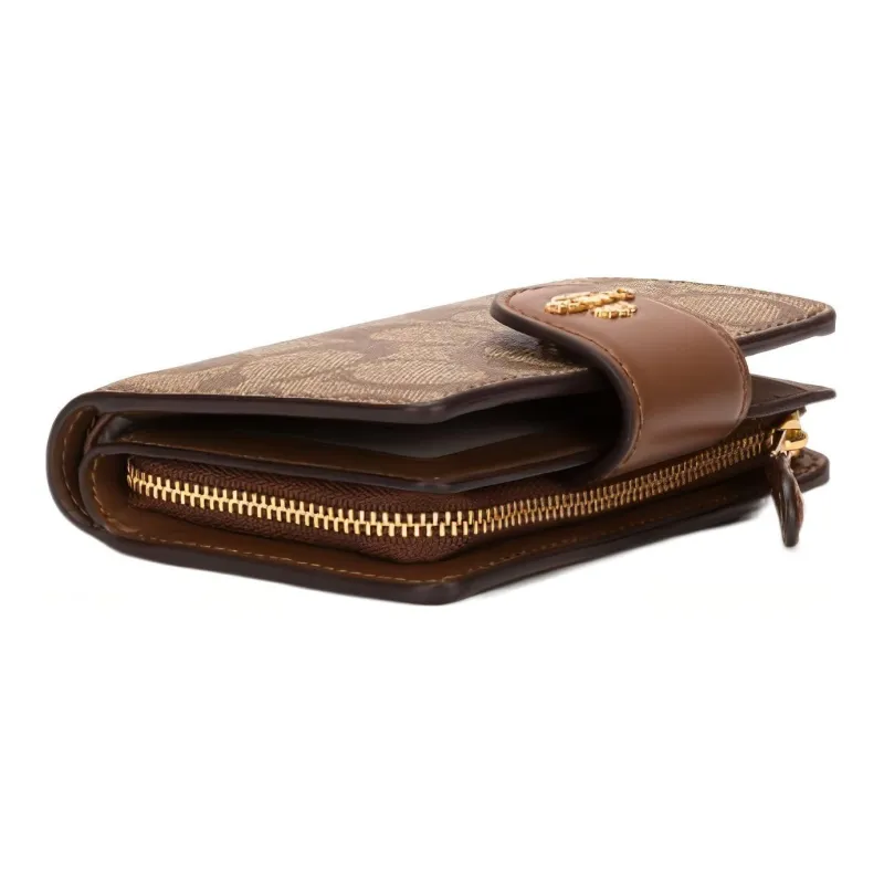 COACH Corner Zip Canvas With Leather Clutches Wallets Medium Size Women's Brown-1