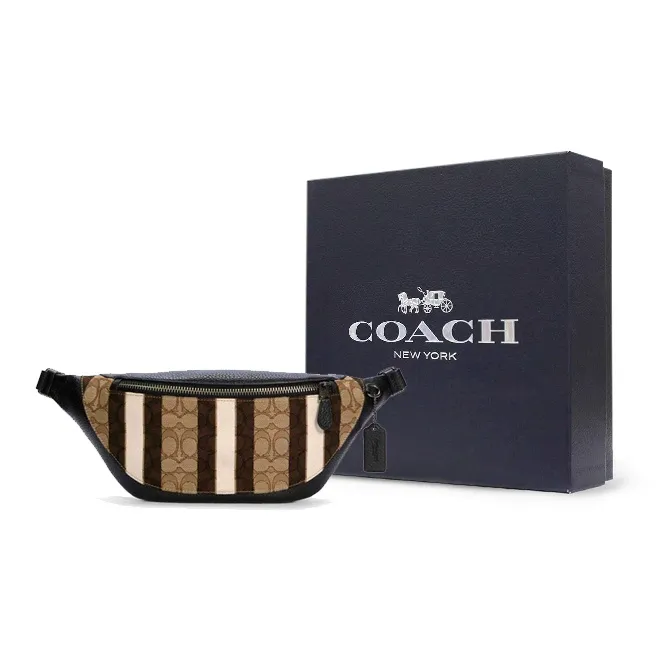 COACH Warren Canvas Cowhide Crossbody Bag Sling Bag Fanny Pack Large Size Men's Khaki Brown And Black Color Blocking-4