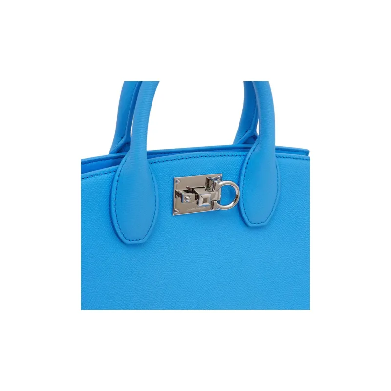 FERRAGAMO Studio Hammered Texture Calfskin Box Bag, Shoulder Bag, Crossbody Bag, Handbag Small Size Women's Light Blue-4